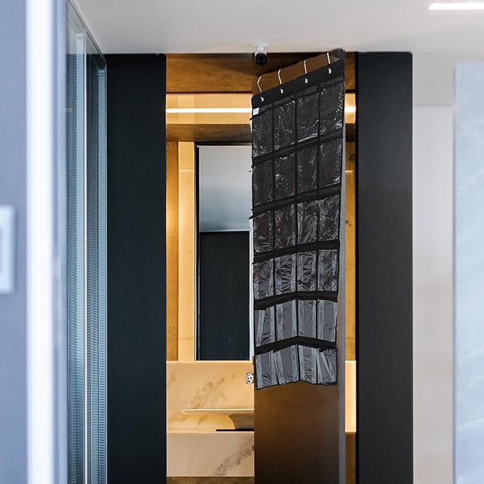 24-Compartment Hanging Shoe Organizer Bag, Black Non-Woven Fabric Storage Hanging Bag with Pockets for Door or Wall, Bedroom Shoe Storage Solution