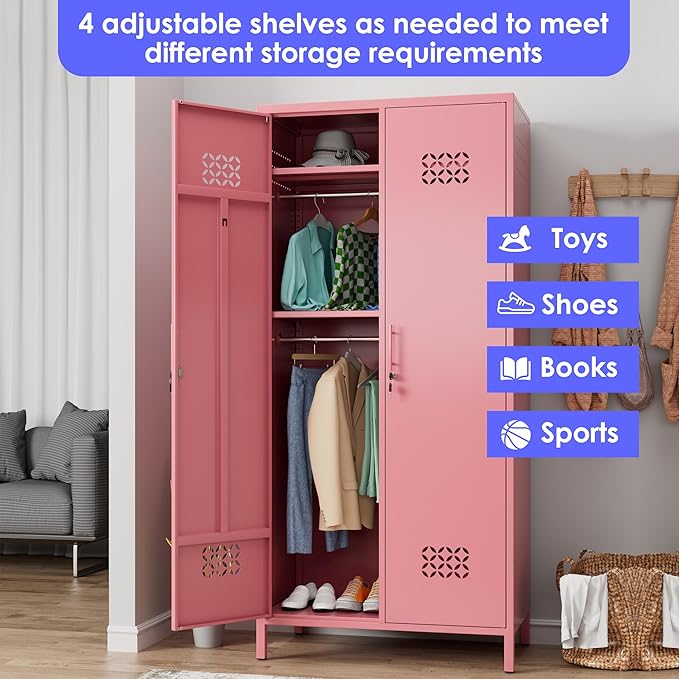 METAN 2 Door Metal Storage Lockers for Employees, Lockable Steel Storage Lockers with Hanger and Adjustable Shelves,Assembly Required,Pink