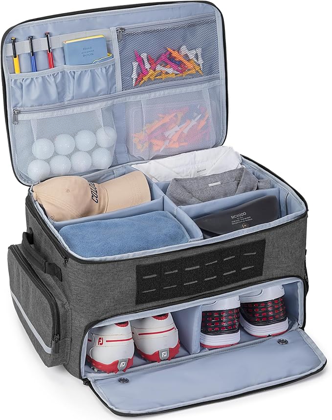 Golf Trunk Organizer Storage with Separate Compartment for 2 Pair Shoes Up to US Mens 16, Golf Car Locker Organizer for Balls, Tees, Clothes, Gloves, Accessories, Grey