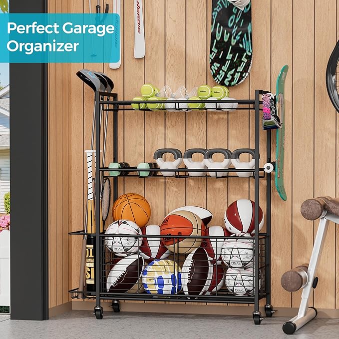 Large Garage Sports Equipment Organizer with Wheels, 3-Tier Ball Storage Rack for Basketballs, Soccer Balls & Sports Gear, Outdoor Sports Organizer with Bat Holder& Hooks, Toy Storage– 31"W
