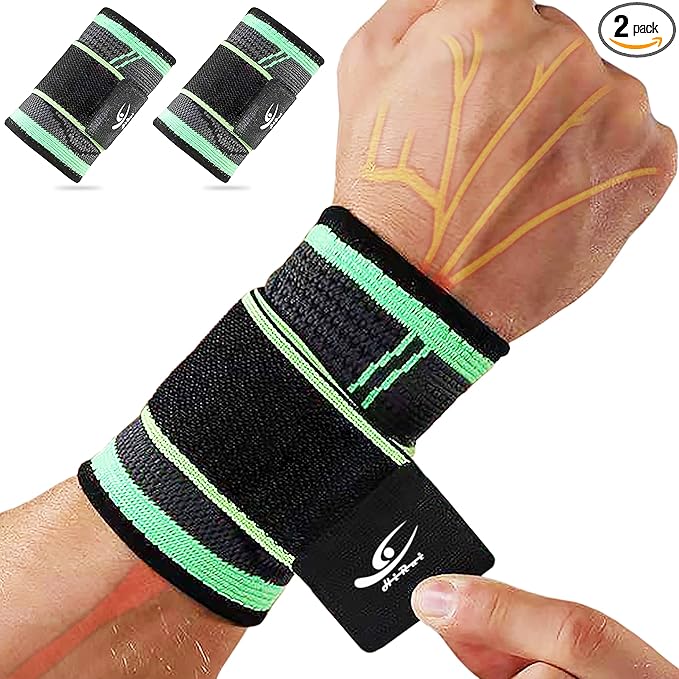 HiRui Wrist Brace Wrist Wraps Compression Wrist Strap, Wrist Support for Work Fitness Weightlifting Sprains Tendonitis, Carpal Tunnel Arthritis, Pain Relief, Adjustable Wristbands 2 PACK (Green, XL)