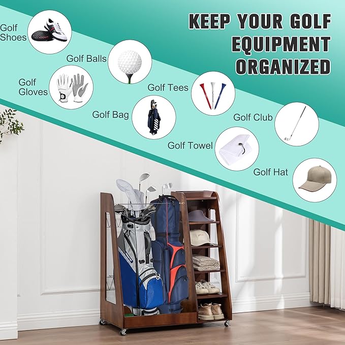 Wooden Golf Bag Organizer for Garage with Drawers, 2 Golf Bag Holder with Club Holders On Side for Car Garage Club Shed Basement, Gray