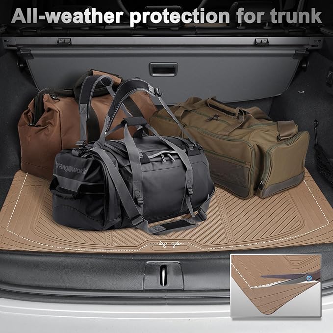 CAR PASS Universal Car Floor Mats & Cargo Liner Full Set, Waterproof Anti-Slip Rubber Trim to Fit Trunk Mats All Weather Protection Fit Car SUV Sedan Coupe Vehicle Automotive 5 Pieces, S-M Size Beige