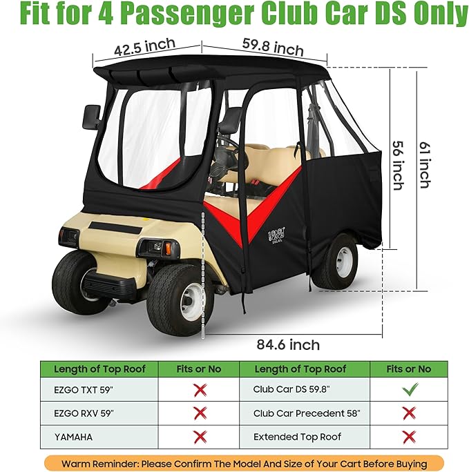 10L0L Golf Cart Driving Enclosure for Club Car DS 2/4 Passenger Short Roof Waterproof Windproof Heavy Duty 600D Rain Cover with 4-Sided Clear Windows & Durable Door Zipper, All-Weather Protection