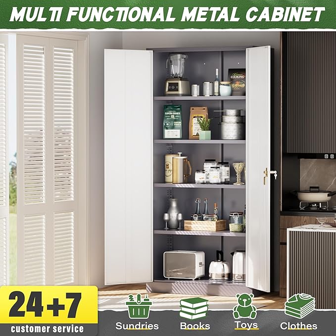 Greenvelly Metal Storage Cabinet,72” Metal Cabinet Storage with Doors and 4 Adjustable Shelves,Tall Storage Cabinet for Home,School,Gym(Grey White)