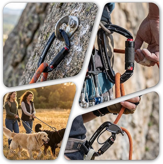 FresKaro UIAA Certified 25KN Auto Locking Climbing Carabiner Clips, Twist Lock, and Heavy Duty Carabiners for Rock Climbing, Rappelling, and Mountaineering, D Shaped