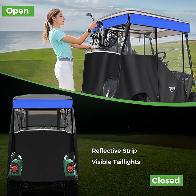 10L0L 3-Sided Track Style Golf Cart Enclosure fit 2 Passenger Yamaha G29 Drive,Waterproof 600D Oxford Cloth Yamaha Rain Cover with Aluminum Pre-Drilled Track,Clear PVC Windshield-Blue Valance