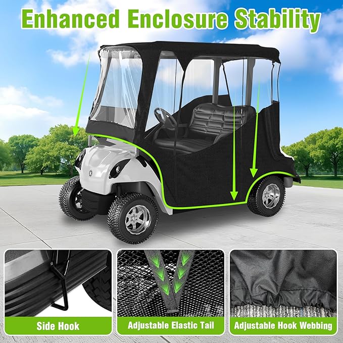 2-Person Golf Cart Rain Enclosure for EZGO TXT/RXV | All-Weather Waterproof Driving Cover with 600D Fabric & 4-Side Clear PVC Windows | Windproof & Full Protection