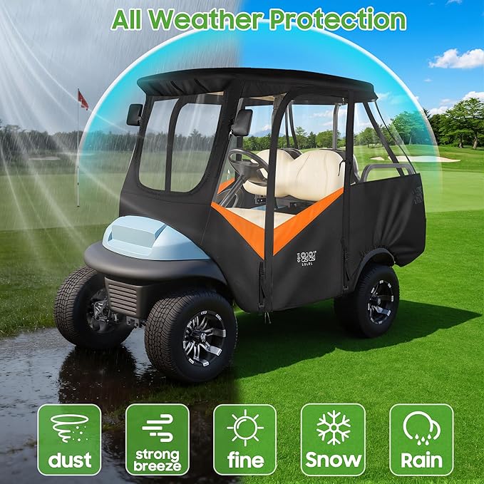 10L0L 4 Passenger Golf Cart Driving Enclosure for Club Car Precedent with Short Roof Up to 57", 4-Sided Clear Window 600D Rain Cover All Weather Windproof Waterproof - Black with Orange