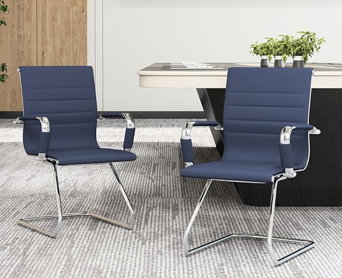 CIMOTA Waiting Room Chairs Leather Office Guest Chair Mid Back Reception Chairs with Sled Base for Meeting/Patient/Conference Room, Navy Set of 6