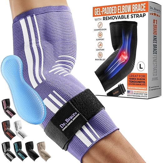 DR. BRACE® Elite Elbow Brace Support, Breathable Elbow Compression Sleeve with Gel Pad for Golfer's, Tennis Elbow & Tendonitis Treatment & Pain Relief 2024 (Purple-White, Large)