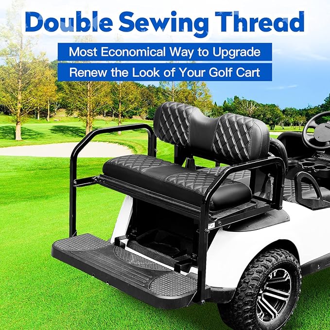 NOKINS 4PCS Golf Cart Diamond Seat Covers Kit, Front and Rear Seat Covers Fits EZGO Freedom TXT-T48 2014+ Standard Seat Cushion, Durable Breathable Vinyl (Black&Black Stitching)