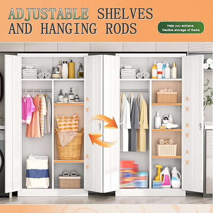 Greenvelly Metal Wardrobe Cabinet with Locking Doors, 72" H x 36" W White Metal Wardrobe Closet Cabinet with Hanging Rods and Adjustable Shelves, Steel Storage Closet for Home, Office, Employee, Gym