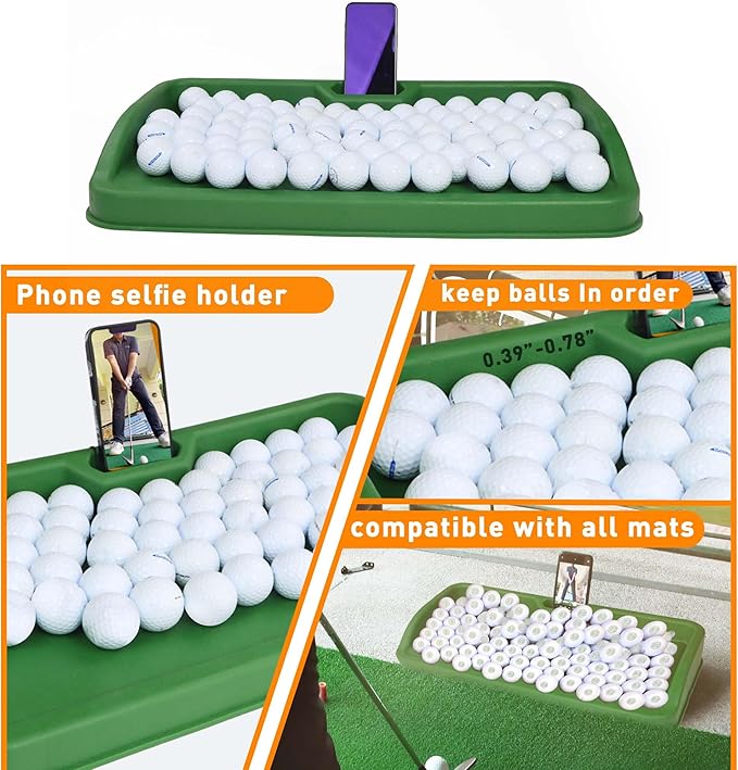 Heavy Duty Golf Ball Tray - with Cell Phone Holder Record Golf Swing - 100 Ball Capacity - High Impact Rubber Golf Tray Compatible with All Hitting Mats