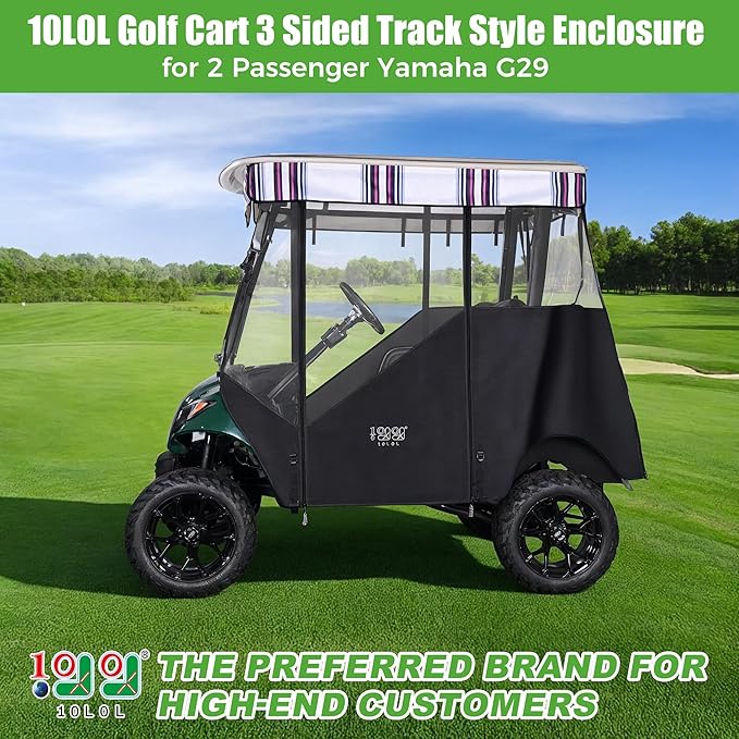 10L0L 3-Sided Track Style Golf Cart Enclosure fit 2 Passenger Yamaha G29 Drive,Waterproof 600D Oxford Cloth Yamaha Rain Cover with Aluminum Pre-Drilled Track,Clear PVC Windshield-Striped Valance