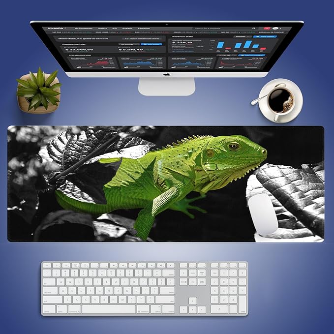Wknoon. Extra Large Gaming & Office Mouse Pad (31.5" x 11.8") with Durable Stitched Edges – Nature Animal Green Iguana in a Bush, Anti-Slip Rubber Base & Smooth Cloth Surface Extended XXL Desk Mat