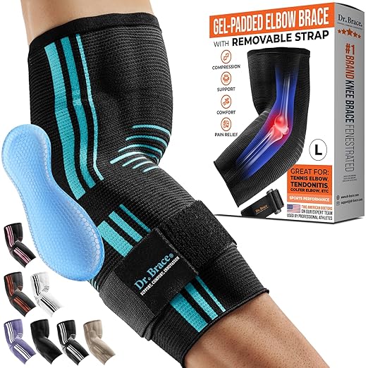DR. BRACE® Elite Elbow Brace Support, Breathable Elbow Compression Sleeve with Gel Pad for Golfer's, Tennis Elbow & Tendonitis Treatment & Pain Relief 2024 (Black-Blue, Large)