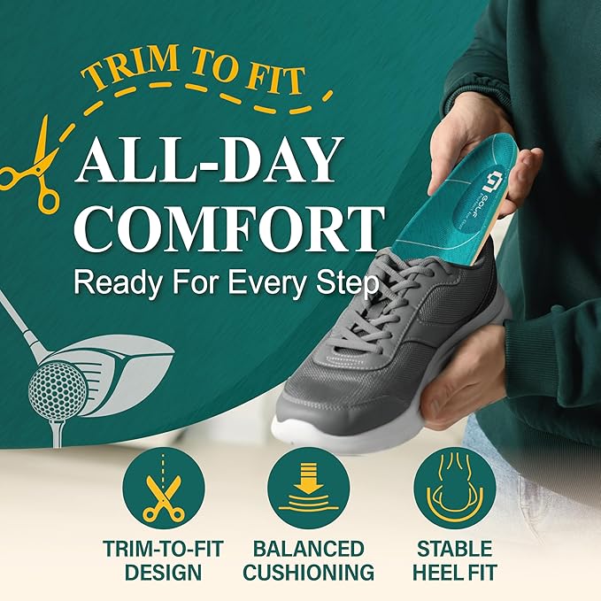 Golf Shoe Insoles for Men - GED Sports Insoles for Arch Support and Athletics - Lightweight, Elastic, Trim to Fit, Increase Stability, Balance, Precision Swings, Reduced Foot Fatigue (US 6-8.5)