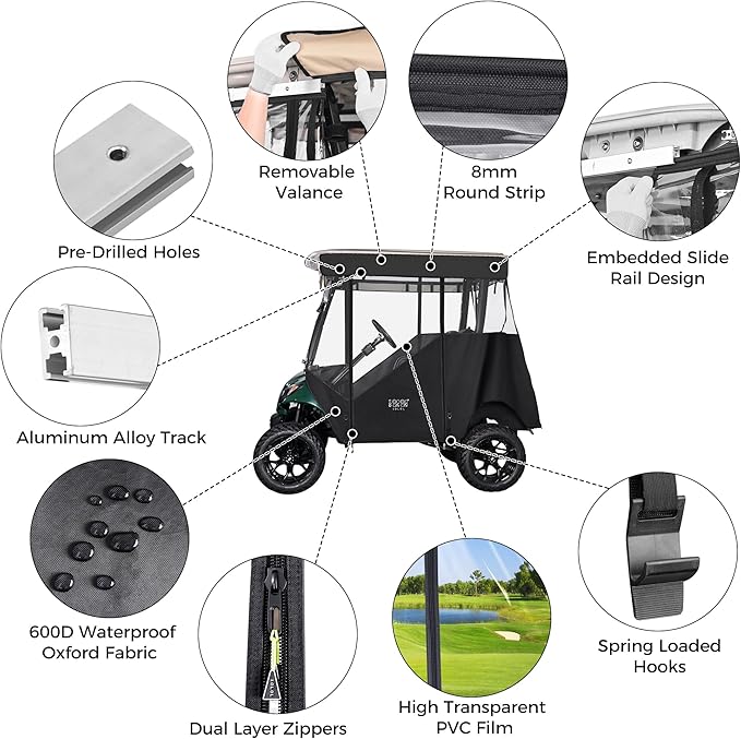 10L0L 3-Sided Track Style Golf Cart Enclosure fit 2 Passenger Yamaha G29 Drive,Waterproof 600D Oxford Cloth Yamaha Rain Cover with Aluminum Pre-Drilled Track,Clear PVC Windshield-Black Valance