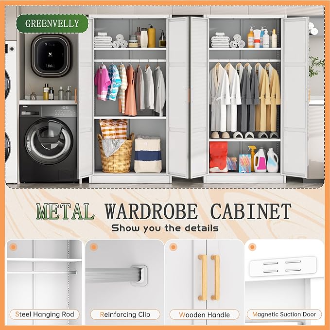 Greenvelly Metal Wardrobe Cabinet with Wooden Handle, 72" Metal Wardrobe Closet with Hanging Rods and Adjustable Shelves, Clothing Storage Closet Cabinet for Home, Office, Employee, Gym (White)