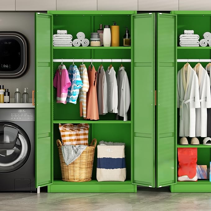 Greenvelly Metal Wardrobe Cabinet with Wooden Handle, 72" Metal Wardrobe Closet with Hanging Rods and Adjustable Shelves, Clothing Storage Closet Cabinet for Home, Office, Employee, Gym (Green)