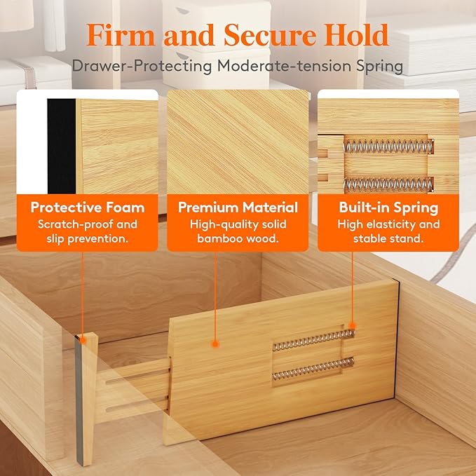 Lifewit 4 Pack 5" Deep Bamboo Drawer Dividers, 13-16.5" Expandable Drawer Organizers for Clothes, Adjustable Dresser Drawer Divider, Clothing Drawer Separators for Dresser, Bedroom, Bathroom, Kitchen