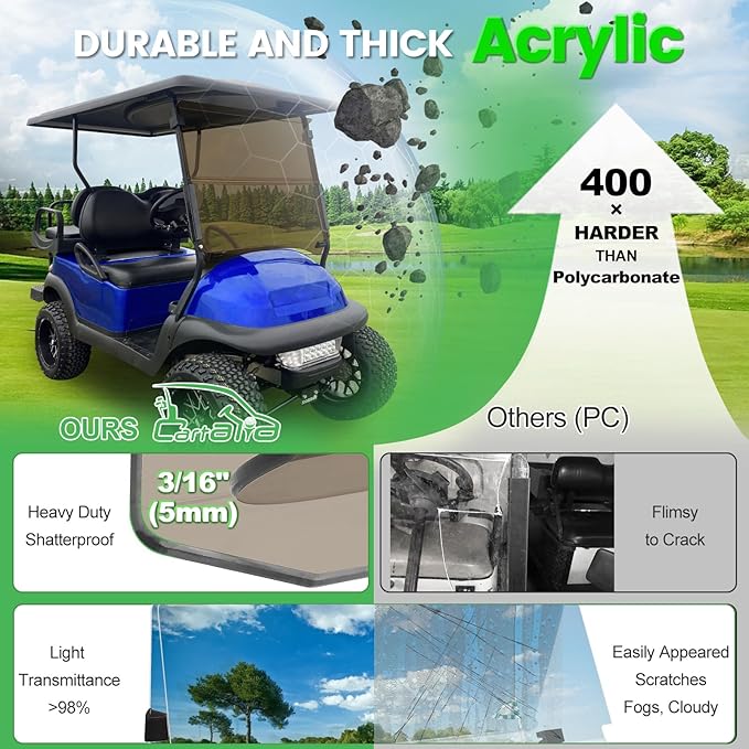 Golf Cart Foldable Windshield 3/16" (5MM) Thicken Only Fits Club Car Precedent 2004+, Tempo 2017+, Onward 2017+, 1"×1" Struts Rail Front Folding Acrylic Windshield Replacement - Tinted