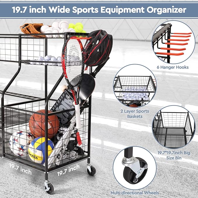 Sports Equipment Organizer, Sports Storage for Garage, Golf Bag Storage Rack, Golf Organizer Stand for Golf Club, Ball Storage Cart with Wheel for Garage, Gym, Shed, Outdoor