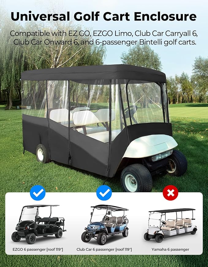 KEMIMOTO Golf Cart Enclosure, 4&6 Passenger Golf Cart Rain Cover, 600D Waterproof Driving Enclosure with Clear PVC Windshield for Extended Roof Cart