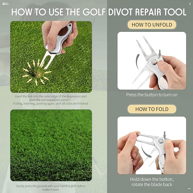 Skylety 4 Pcs Golf Divot Repair Tool Metal Foldable Golf Divot Tool with Magnetic Pop-up Button Ball Marker Stainless Steel Switchblade for Golfers Prizes