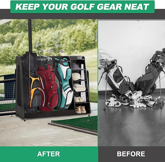 Golf Bag Organizer Storage Rack Stand Holder Fits Extra Large Golf Club Bags and Multiple Golfing Equipment Accessories for Garage Home Simulator and Office