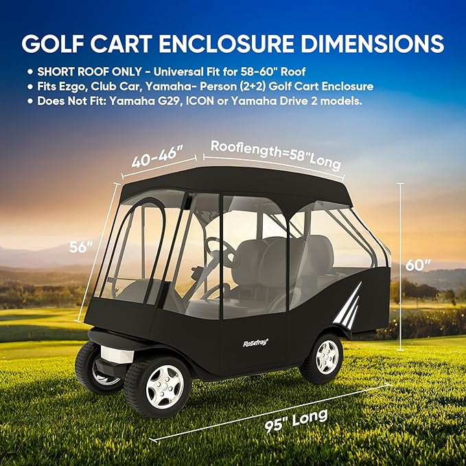 Rosefray Golf Cart Enclosure, 2+2 Drivable Rain Cover, Short Roof 58" - EZGO, Club Car - Durable Door Zipper - 4 Seater Golf Cart Cover Glowing at Night