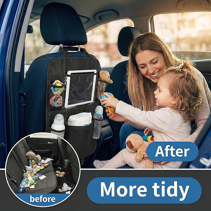 Car Backseat Organizer with 12" Touch Screen Tablet Holder, 600D Waterproof Kick Mats Back Seat Protector, Travel Storage Accessories for Kids Toddlers Road Trip Essentials, Black