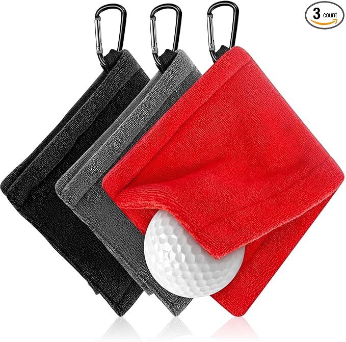 Flutesan 3 Pieces Golf Ball Towel 5.5 x 5.5 Inch, Wet and Dry Small Pocket Towel with D Clip Portable Golf Ball Cleaner Accessories for Men Women Course Exercise