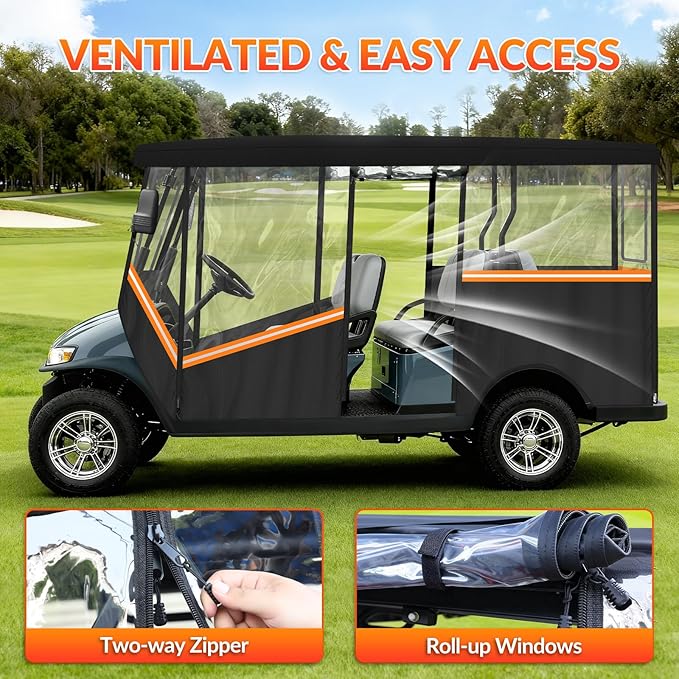 Golf Cart Enclosure for 6 Passenger, 600D Waterproof Golf Cart Rain Cover with Clear PVC Windshields, Compatible with Club Car & EZGO, Fits Extended Roof, Roll-Up Doors & Windproof Straps