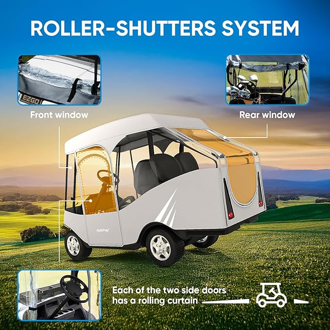 Rosefray Golf Cart Enclosure, 2+2 Drivable Rain Cover, Short Roof 58" - EZGO, Club Car - Durable Door Zipper - 4 Seater Golf Cart Cover Glowing at Night