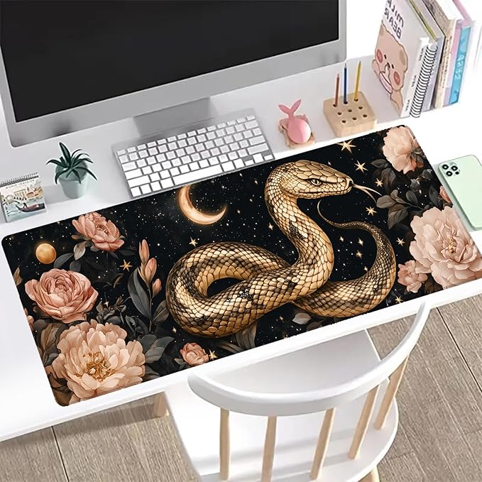 Snake and Moon Gaming Mouse Pad, Office Desk Mat, Anti-Slip Rubber Base Cool Aesthetic Mouse Pads for Computer Laptop Keyboard School Home Desktop Gamer Home Accessories Decor 31.5" x 11.8"