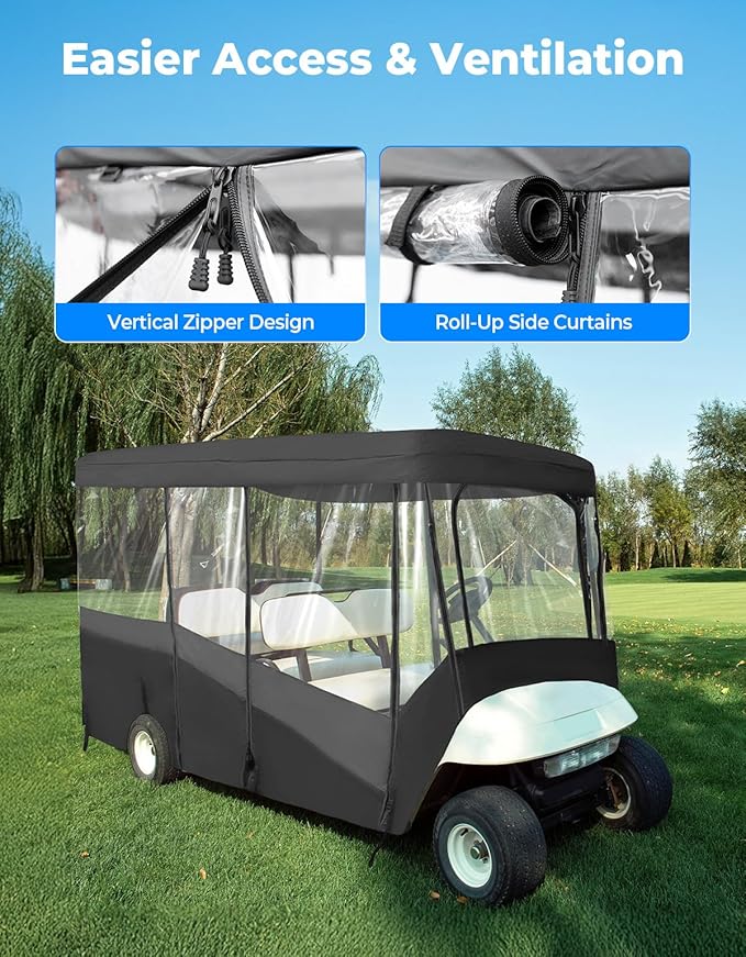 KEMIMOTO Golf Cart Enclosure, 4&6 Passenger Golf Cart Rain Cover, 600D Waterproof Driving Enclosure with Clear PVC Windshield for Extended Roof Cart
