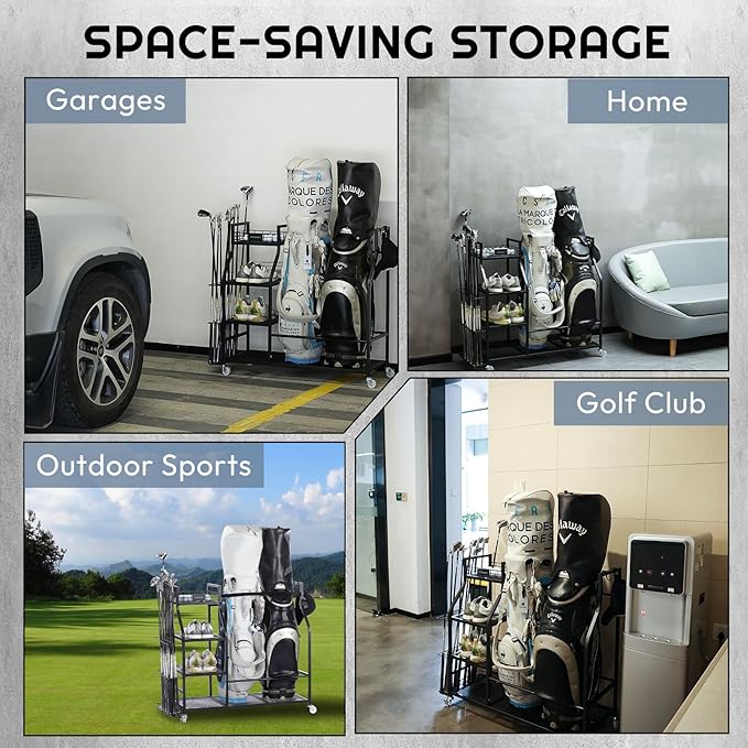 A11N SPORTS Golf Bag Stand for Garage with 4 Hooks & Club Holder, Golf Organizer for 2 Bags, Rolling Storage Rack with Wheels, Heavy-Duty All-Metal Frame