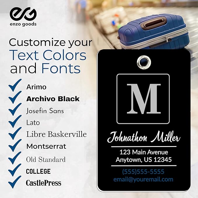Personalized Luggage Tag | 4 Pack | Custom Luggage Tags for Suitcases | Kids Backpack Tag | 10 Color Options & Choose Font, Font Color