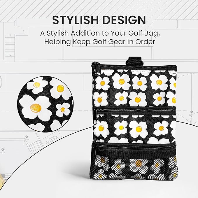 Golf Bag Accessories Valuables Pouch Bags Multi Pocket Zipper Hook with 10 Pcs Wood Golf Tees for Men Women