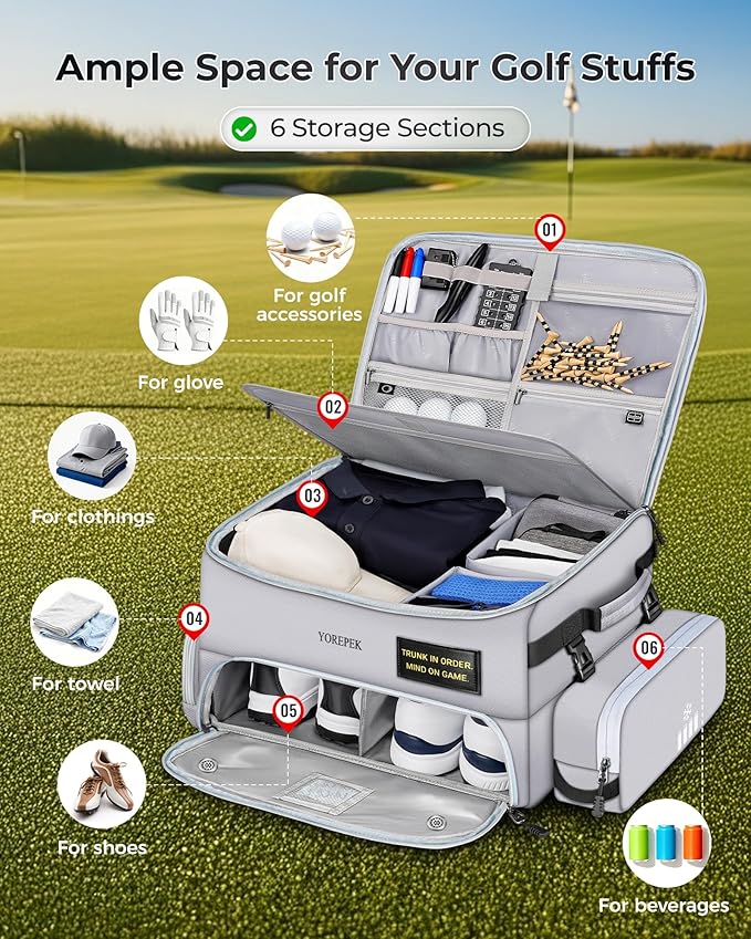 YOREPEK Upgraded Golf Trunk Organizer, Christmas Gifts for Golfers, with Removable Insulated Pouch&Dust-Proof Protective Layer, Multi-Compartment fits 2 Pairs of Shoes, Golf Accessories
