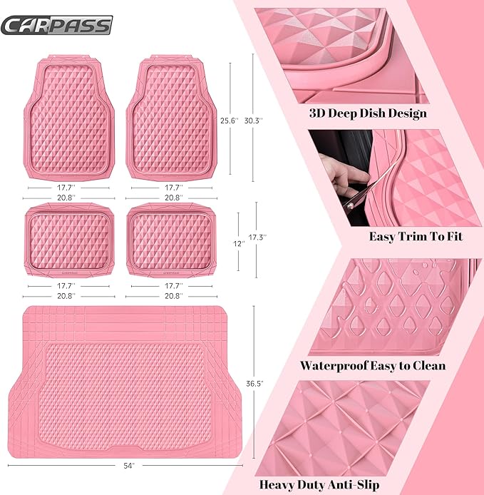 CAR PASS Heavy Duty Rubber Pink Car Floor Mats & Cargo Liners, Deep Dish All-Weather Trunk Mats Durable Anti-Slip 3D Rhombus Waterproof Trim to Fit Liner Universal Fit Auto,Sedan,SUV,Truck, Pink
