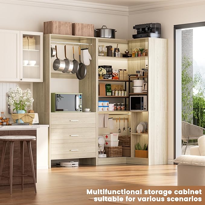 Aheaplus Closet System with 3 Drawers, 2 Hanging Rods & Corner Tower, Corner Closet System with Hanging, L-Shaped Walk-In Wardrobe Organizer, 1300+ lbs Capacity, Set of 2, White Oak