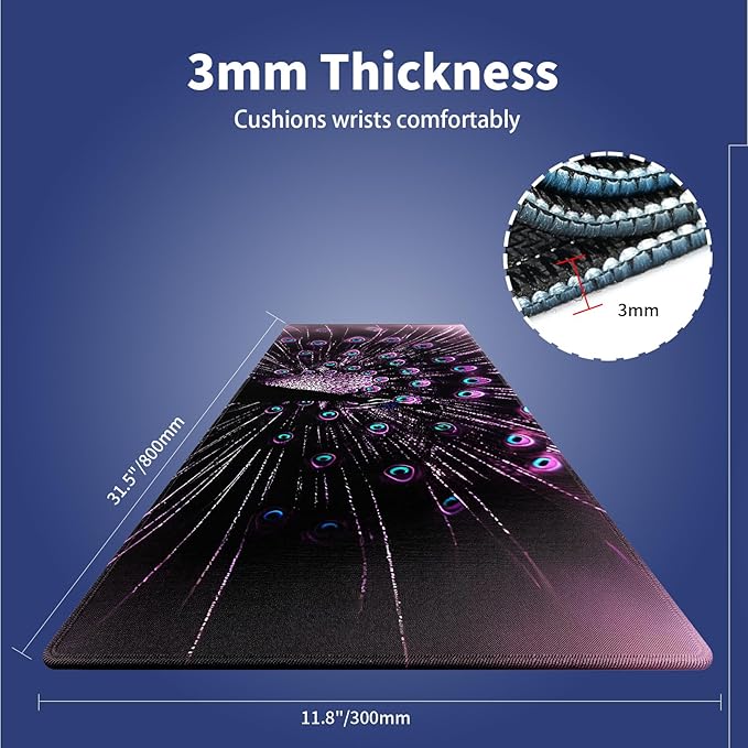 Extended XXL Gaming Mouse Pad with Stitched Edges 31.5 x 11.8 Inches - Gorgeous Purple Black Peacock, Smooth Cloth Surface Natural Anti-Slip Rubber Base Large Desk Mat for PC Office/Home
