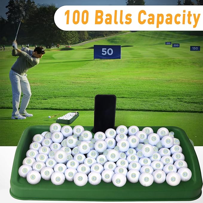 Heavy Duty Golf Ball Tray - with Cell Phone Holder Record Golf Swing - 100 Ball Capacity - High Impact Rubber Golf Tray Compatible with All Hitting Mats