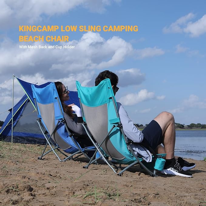 KingCamp Low Beach Chairs, Folding Portable Chair for Adults Lightweight Extra Wide Seat 300lbs Heavy Duty Oversized Backpack, Carry Bag for Camping