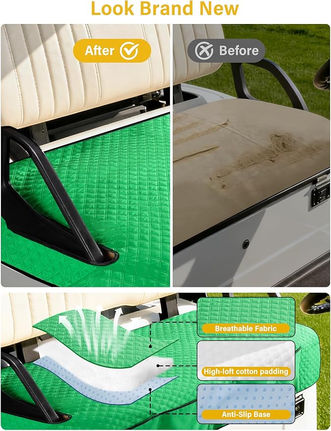 Golf Cart Seat Covers,Golf Cart Seat Towel Blanket with 4 Front Pockets & Nonskid Bottom Fits for EZGO, Yamaha, Club Car and More 2 Person Seats Golf Carts (Christmas Green, Club Car)