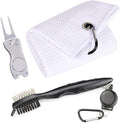Mile High Life Microfiber Waffle Pattern Golf Towel | Club Groove Cleaner Brush | Foldable Divot Tool with Magnetic Ball Marker (White Towel/Brush/Fish Divot)