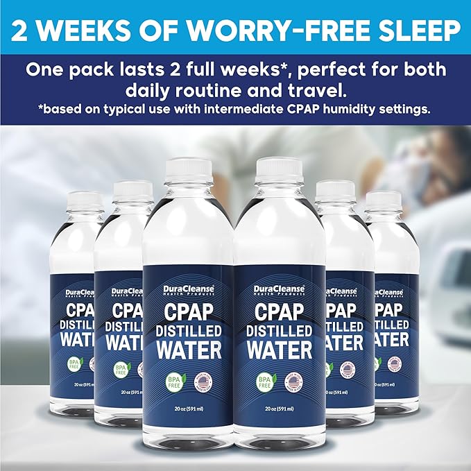 Dura Cleanse Distilled Water for CPAP Machines 6 Pack (20 oz Each) Travel Size Bottles for Resmed, Respironics Machines, Personal Humidifier - Made in USA, BPA-Free, Clean, Multi-Use, Travel-Friendly